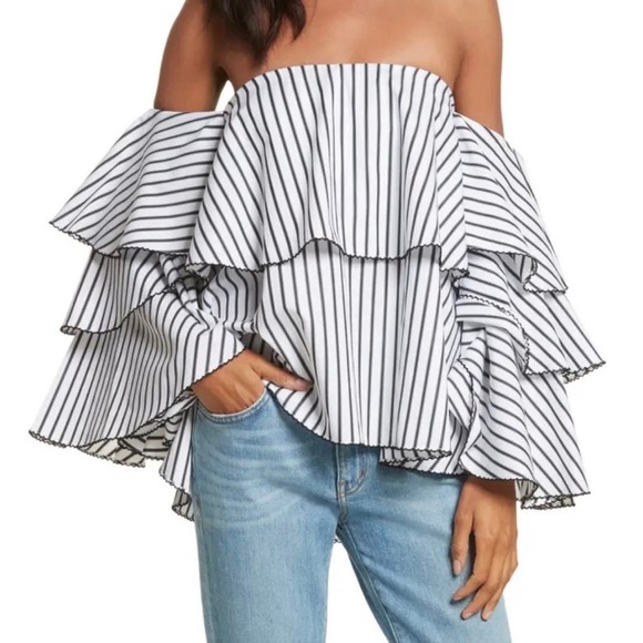 CAROLINE CONSTAS Carmen Tiered Off the Shoulder Top Womens XS White Black Stripe - Picture 2 of 16